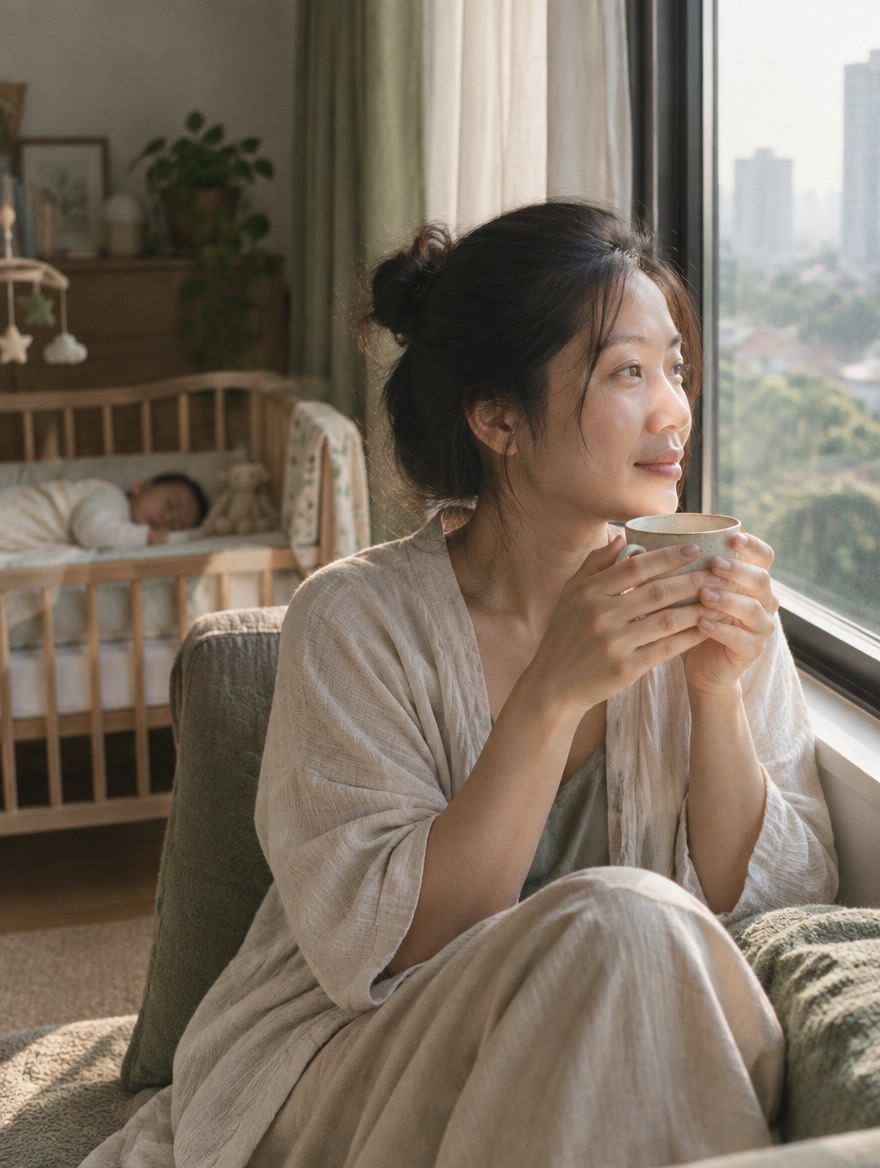 Người mẹ ngồi bên cửa sổ buổi sáng, bé ngủ trong nôi phía sau